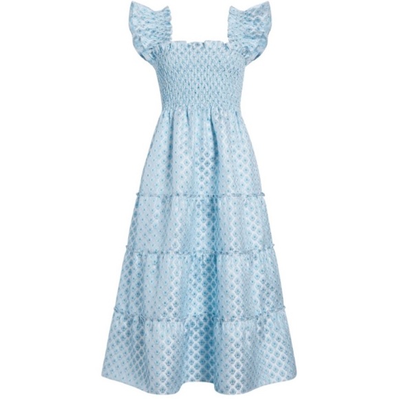 Hill House Dresses & Skirts - Hill House Ellie Nap Dress Snowflake Blue White Brocade Smocked Tiered Midi Sz S